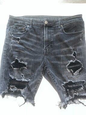 American Eagle Outfitters Distressed Black-Gray Denim Shorts